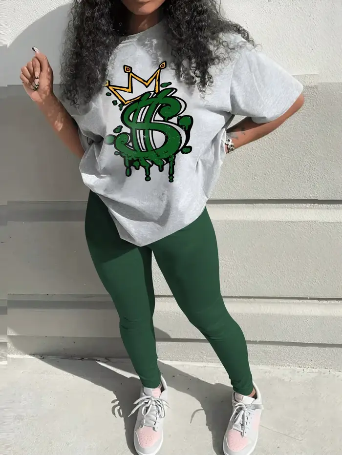 Ensemble 2 pièces imprimé lettre couronne pour femme, t-shirt graphique à col rond, manches courtes,