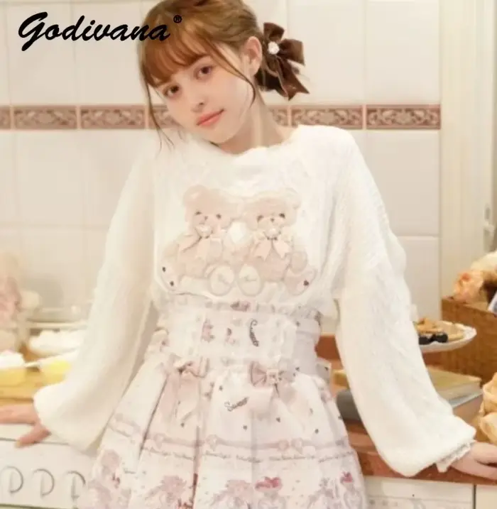Pull à manches longues ours de dessin animé pour femmes, pull mignon, style japonais, collection aut