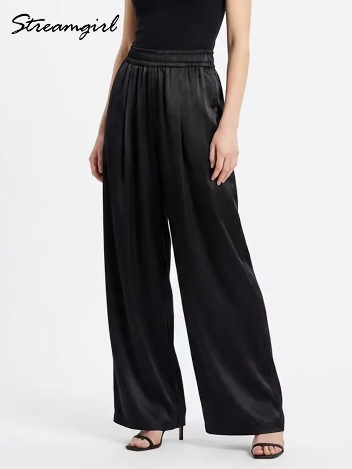 Pantalon large en satin de luxe pour femmes, pantalon avec poches, pantalon noir pour femmes, pantal