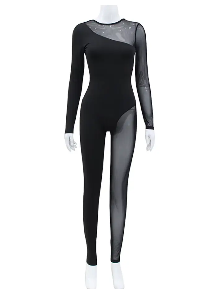 AHAgaga hiver Sexy voir à travers maille barboteuses femmes combinaisons mode col rond fermeture écl
