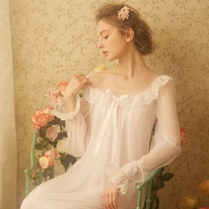Fairy noční košile pro ženy, princezna noční prádlo, bílá krajka, župan, dlouhé, Lolita, Vintage viktoriánské, Kawaii