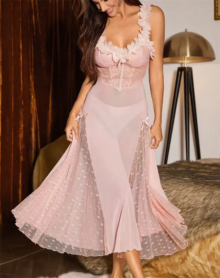 Robe de nuit femme à bretelles, en maille à pois, avec nœud féerique, longue, style pyjama, à pétale