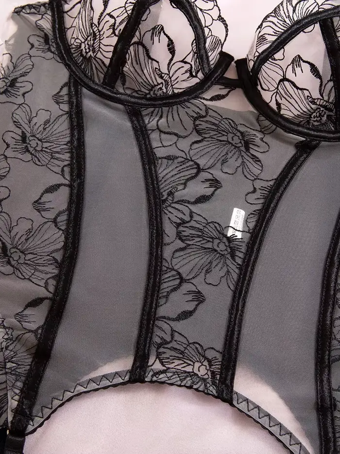 Ensemble de lingerie érotique Belamimi brodé floral transparent, sexy, sculptant le corps, avec bas de contention intégrés