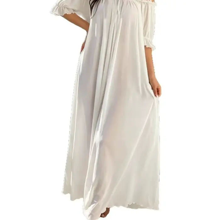Chemise de nuit élégante transparente à épaules dénudées, col en V à volants, pour femme, en maille 