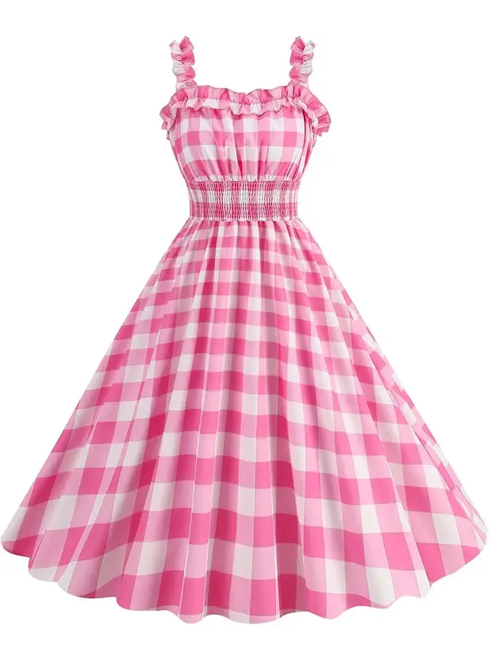 Robe mi-longue froncée à pois roses pour femmes, bretelles spaghetti, vintage, décontracté, imprimé,