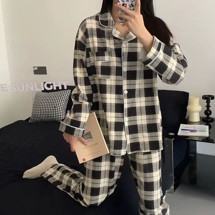 Pyjama respirant à manches longues pour femmes, vêtements de nuit pour étudiants, cardigan à rayures grises, vêtements d'intérie