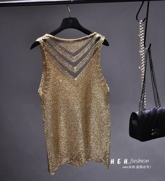 Paillettes Sexy évider soie légère Condole ceinture gilet or sans manches tricot manteau haut Mujer 