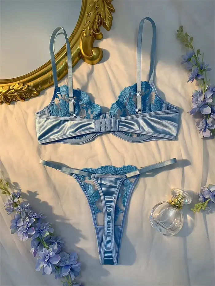 souprava Sexy pro dospělé, světle modrá ultra jemné síťované prádlo, jemné vyšívané podprsenky a kalhotky, průsvitné sexy spodní prádlo
