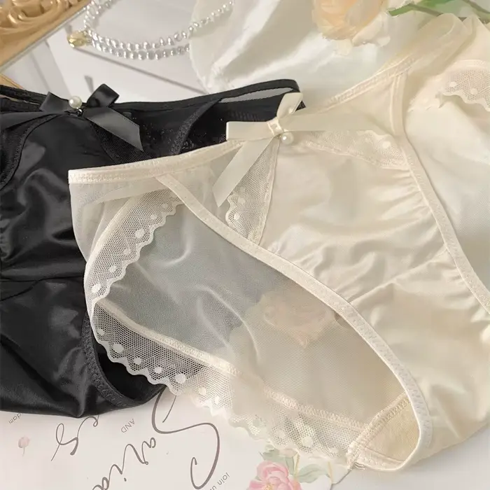 Dámské trojúhelníkové kalhotky s mašle Roztomilý, Sexy francouzská krajka, luxusní textura, prodyšný satén, síťovina, bavlna Inseam