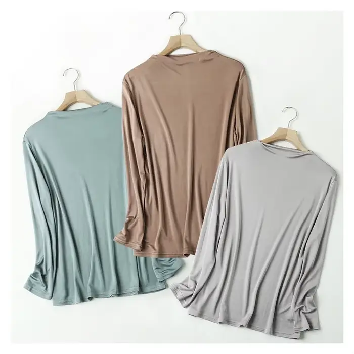 T-shirt en soie tricoté à manches longues pour femme, haut polyvalent à bascule, col rond, couleur u