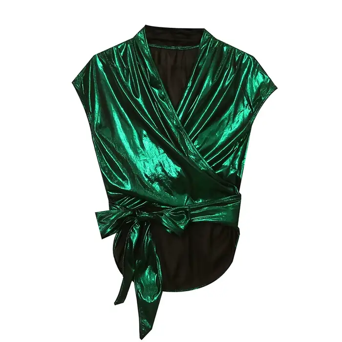 T-shirt d'été à col en V croisé pour filles, tissu réfléchissant, manches courtes, ourlet lacé, à la