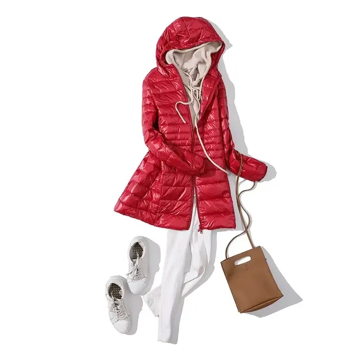 Doudoune Longue Chaude et Légère pour Femme, Manteau à Capuche, avec Sac de Rangement Portable, Long