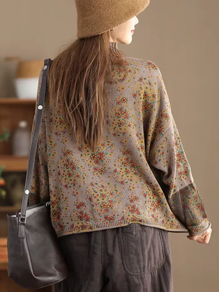 Amax luluE 2024 hiver mode col roulé chandails femmes classique lâche pulls floraux femmes Vintage l