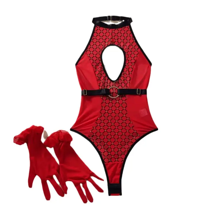 Sexy spodní prádlo pro ženy, 7.0 Lingge Patchwork Hollow Out Slim Fit Jumpsuit, Push Up Backless Isoset korzet Romper, Red Drum Suit