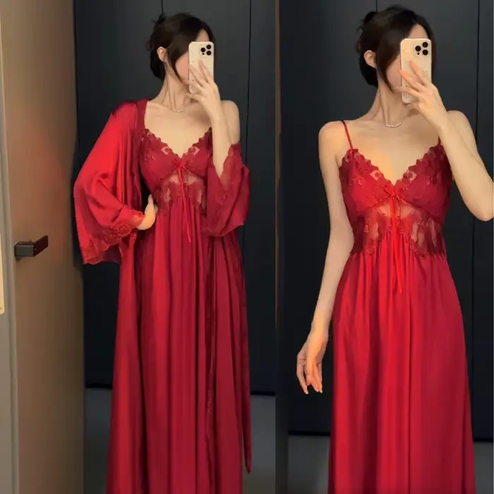 Ensemble de Robe Longue pour Femme, Chemise de Nuit Élégante en Satin Soyeux, Vêtements de Nuit et d'Intérieur, Lingerie Sexy en Dentelle Évidée, Tenue de Détente