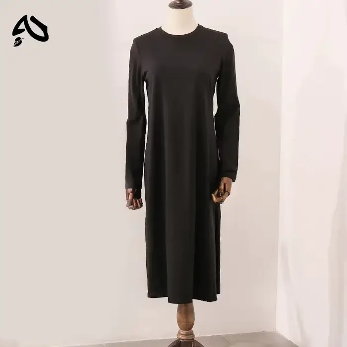 Robe longue décontractée en coton pour femme, ample, à manches longues, col rond, couleur unie, styl