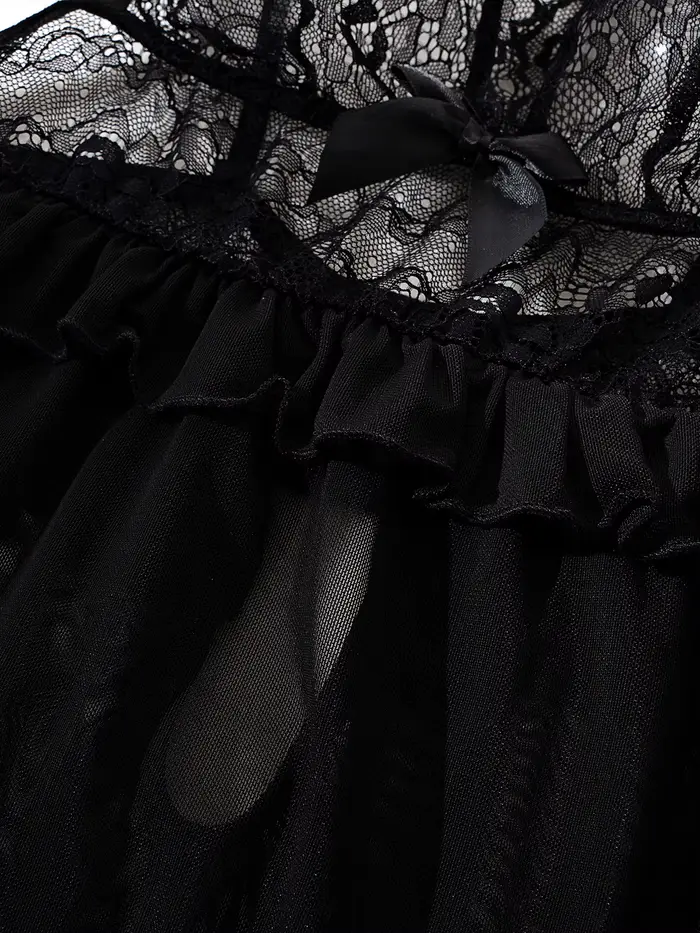 Lingerie noire transparente sexy, chemise de nuit en dentelle pour femme, chemise de nuit sexy sans manches avec tissu en maille, décolleté en V.