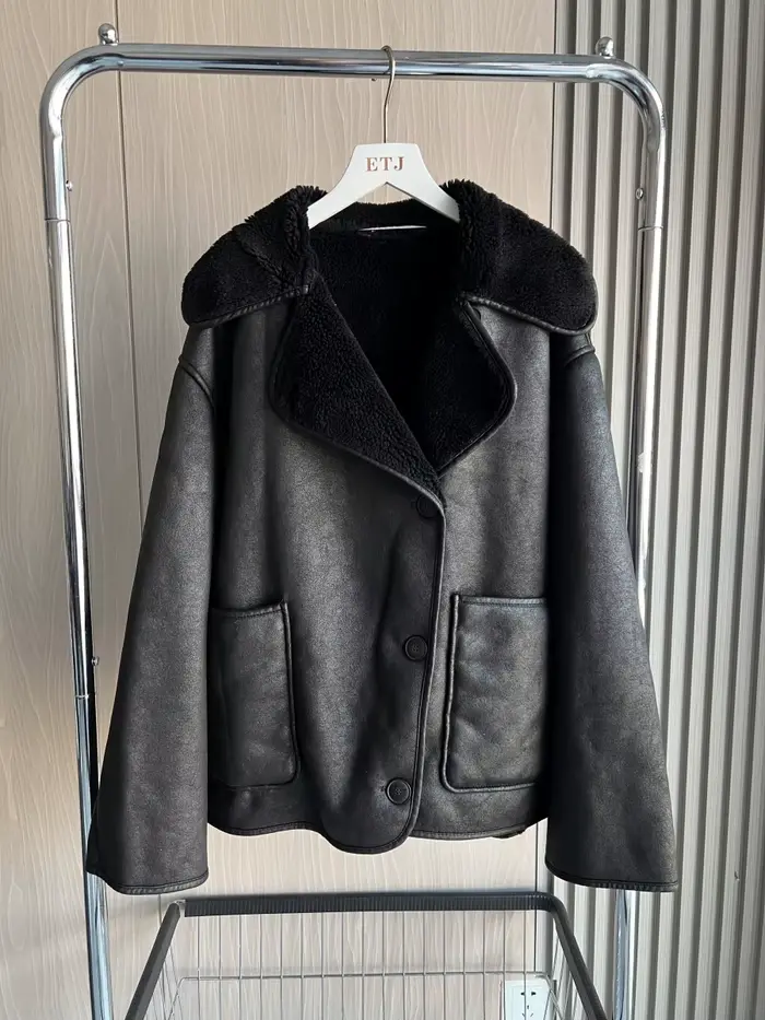 Veste oversize en simili cuir ETJ ZW avec col rabattu et fourrure épaisse pour femmes décontractées hiver