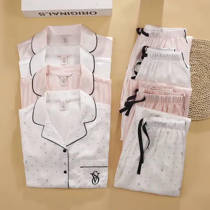 Victoria's Secret dámské hedvábné saténové pyžamo, prodyšné pyžamo s knoflíky, krátké rukávy, šortky, noční prádlo, ležérní nošení