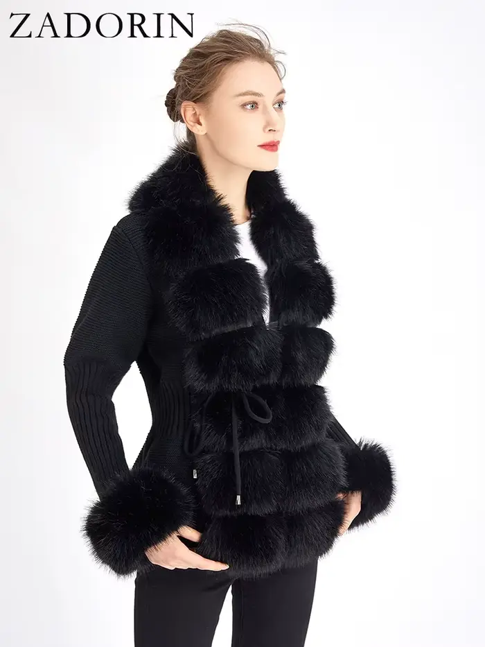ZADORIN automne hiver femmes fausse fourrure manteau de luxe tricoté pull fourrure Cardigan col déta