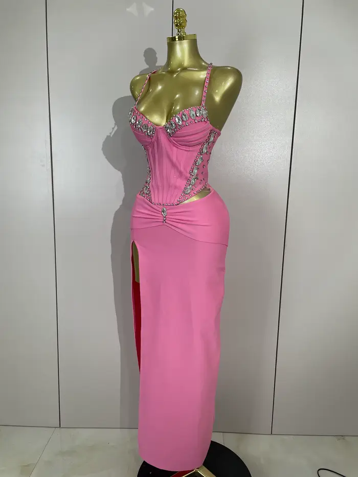 Robe à bandes rose, élégante, Sexy, dos nu, moulante, sans manches, pour femmes, bal, Club, soirée, 