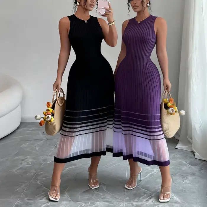 Robe midi décontractée pour femme, sans manches, col rond, en maille élastique, avec ourlet transpar