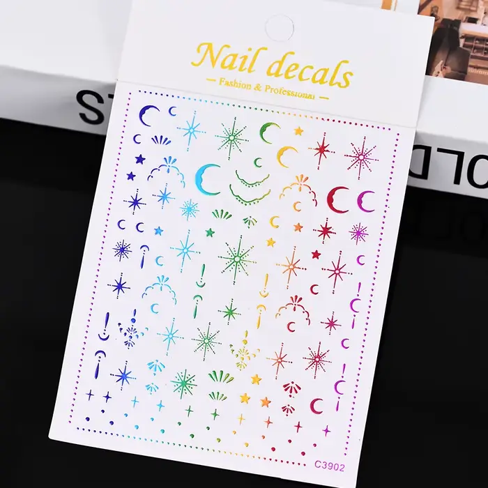 Autocollant 3D doré soleil/lune/étoile bronzant pour Nail Art, 8x10cm, Laser étoile lune, décalcoman