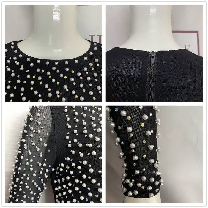 Sexy perles haut tendance femmes à manches longues vêtements Club fête Sexy maille Vintage élégant h