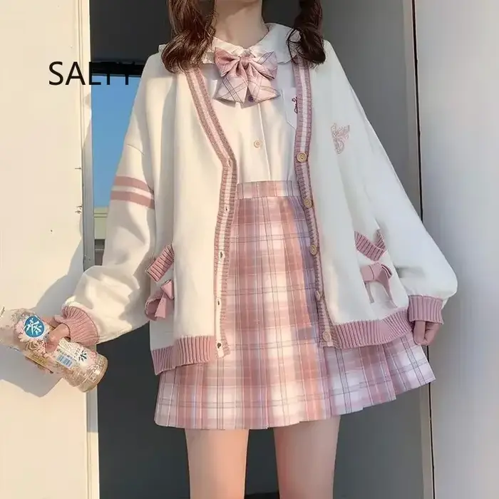 Cardigan surdimensionné brodé de style japonais pour femmes, pull femme, adorable, Harajuku, automne