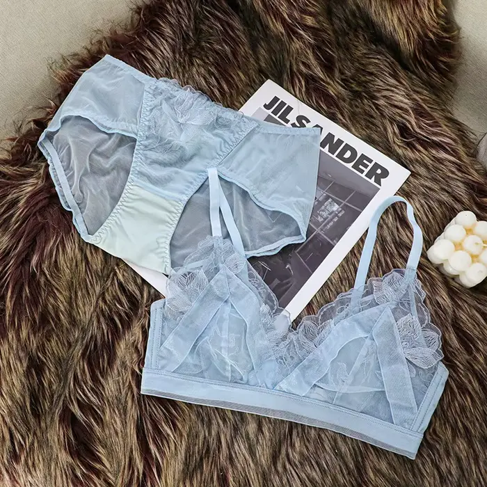 Sexy francouzská podprsenka pro ženu, měkké spodní prádlo pro dívku bez ocelového kroužku, trojúhelníkový střih, volánková krajka, tenká část, srážkový dokument