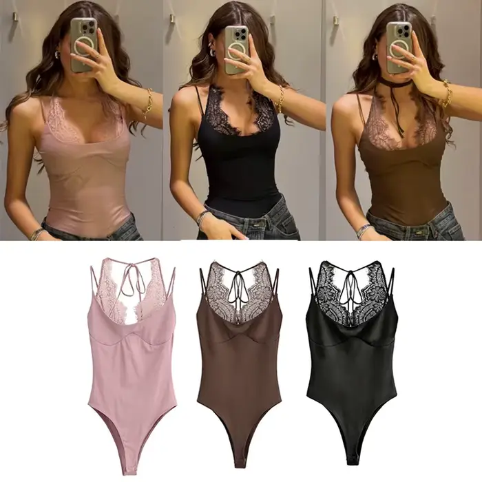 Body en polyester marron avec dentelle et bretelles fines chic et tendance pour femmes occasions spéciales printemps été