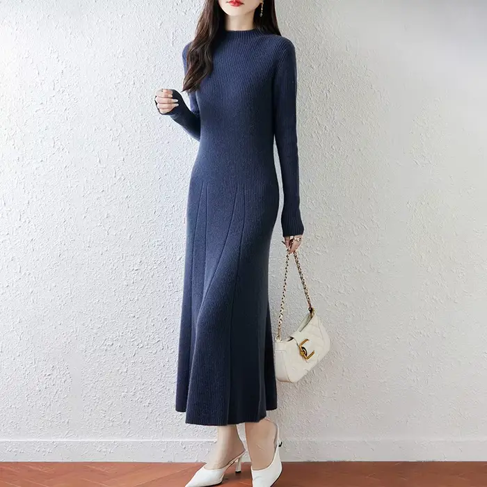 Nouvelle robe à col rond pour femmes avec pull 100% laine mérinos automne et hiver pull Long tricoté