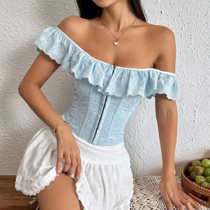 Corset multicolore avec manches courtes à volants bustier ajusté fermeture avant à crochets décolleté cœur style cottagecore femme occasions spéciales