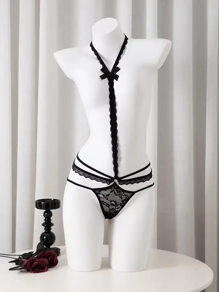 Sous-vêtements en dentelle pour femmes, col suspendu, détachable, Sexy, nœud doux, culotte en maille
