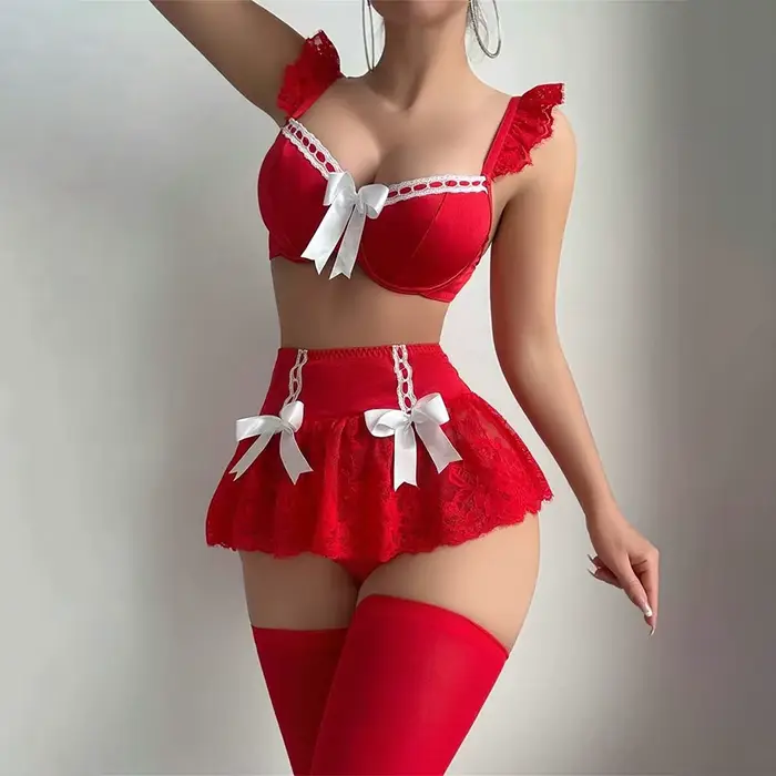 Ensemble de lingerie sexy en polyester et élasthanne avec dentelle pour femmes, soutien-gorge et culotte, pour soirées costumées et jeux de rôle