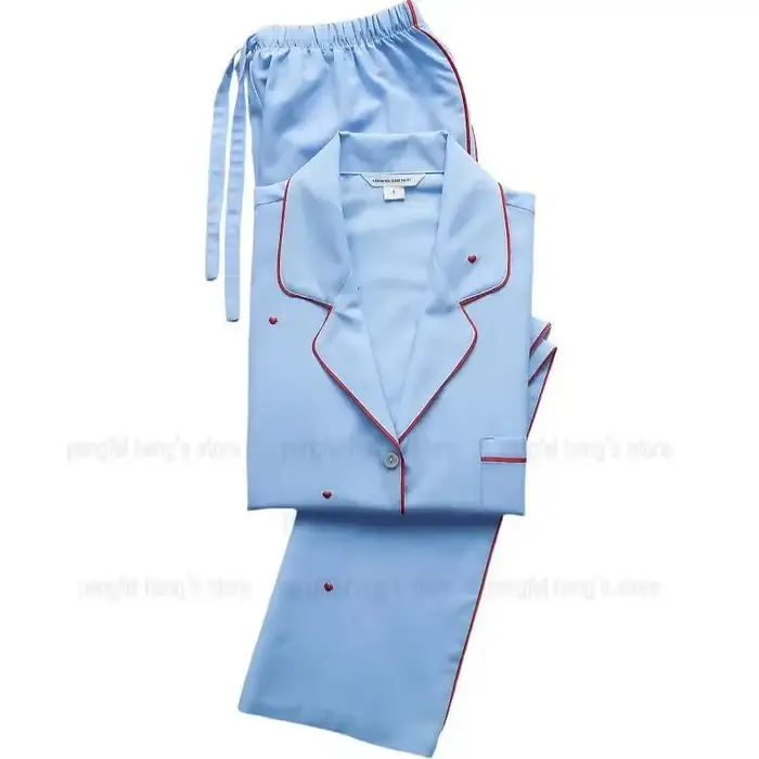 Luxe broder amour Pijama Mujer bleu tenue femmes vêtements de nuit en coton à manches longues chemise pantalon ample maison vêtements pyjama ensembles