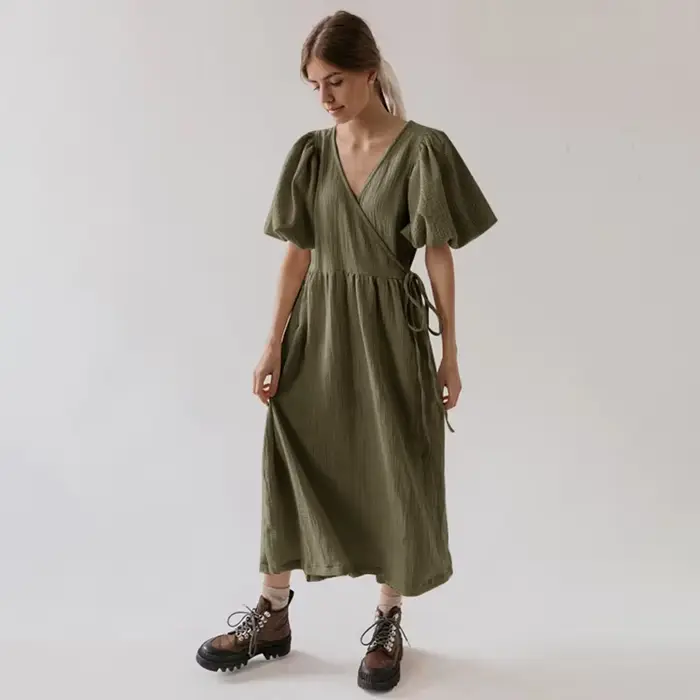 Robe longue vintage à manches bouffantes pour femme, mousseline, pansement, gaze, col en V, bandage,