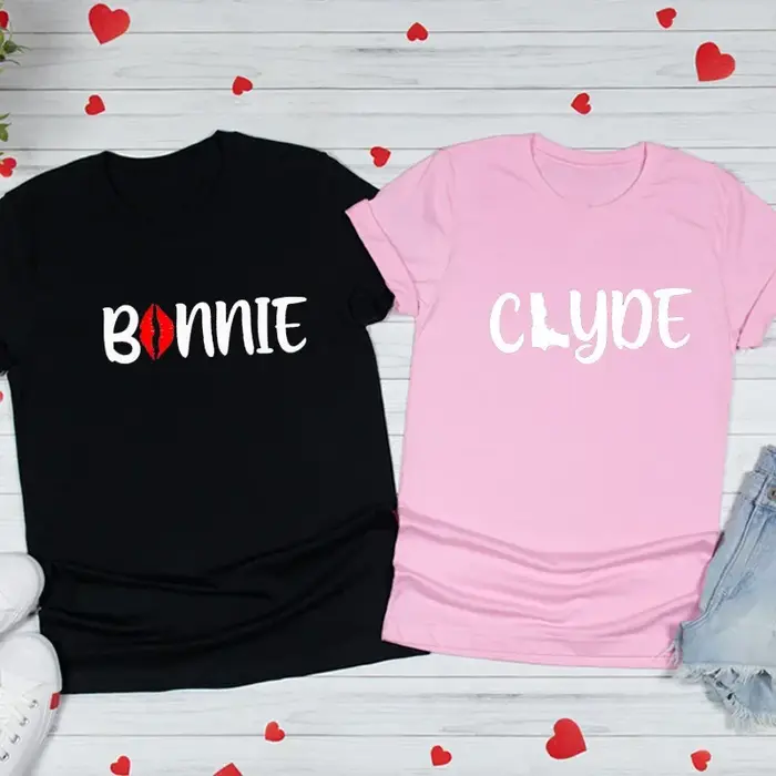 T-shirt à Manches Courtes et Col Rond pour Homme et Femme, Imprimé Bonnie Clyde Jules, Amoureux, Cou