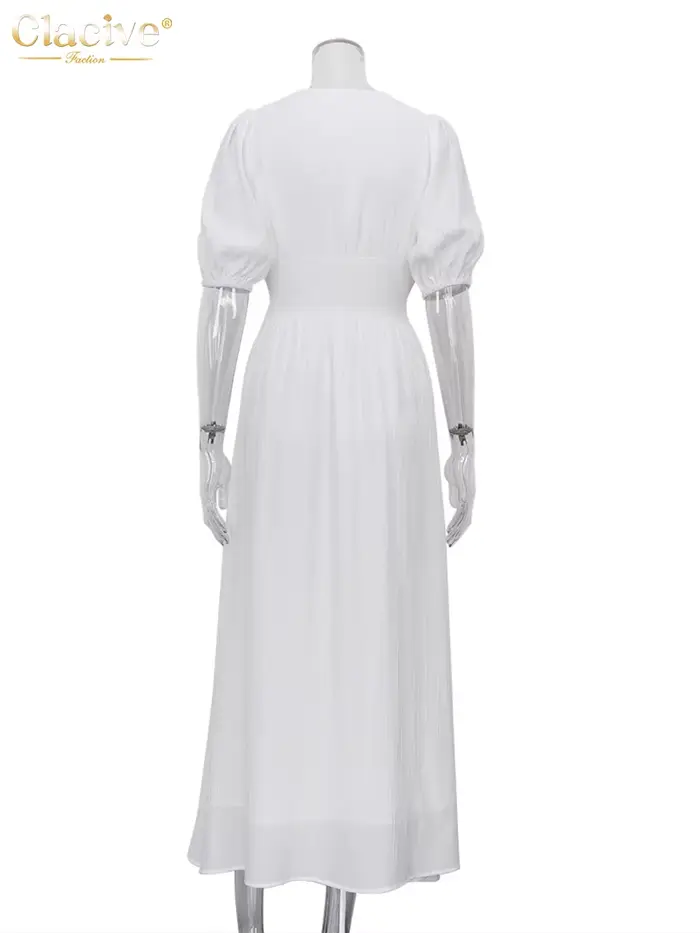 Clacive blanc Sexy simple boutonnage femmes robe 2022 élégant à manches courtes col en v robes de so