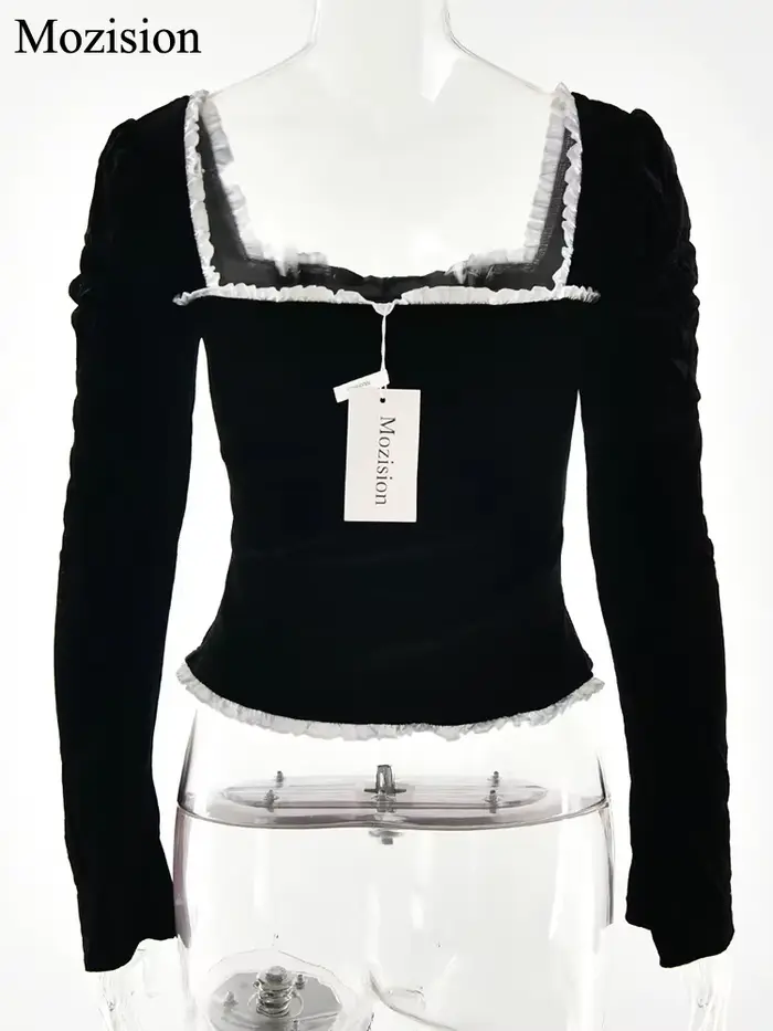 Mozision col carré dos nu pansement Sexy T-shirt femmes automne hiver nouveau noir épaulette manches