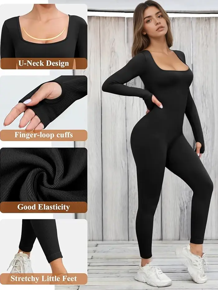 Combinaison pour femmes, manches longues, Yoga, barboteuse côtelée, Sexy, une pièce, moulante, entraînement, body complet, pantalon inférieur
