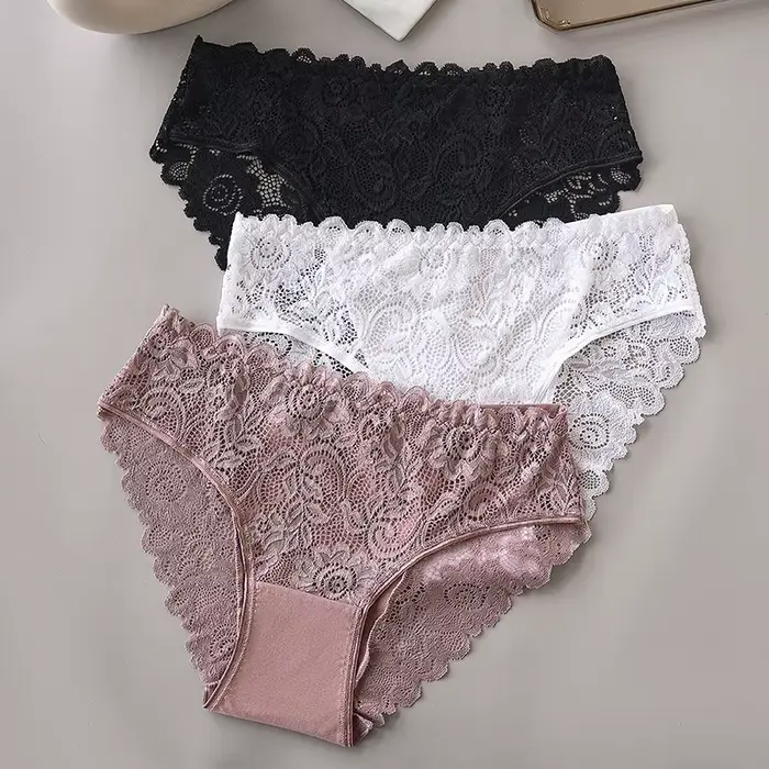 3dílná luxusní sada květinově vyšívaných krajkových kalhotek pro ženy – sexy průhledné spodní prádlo