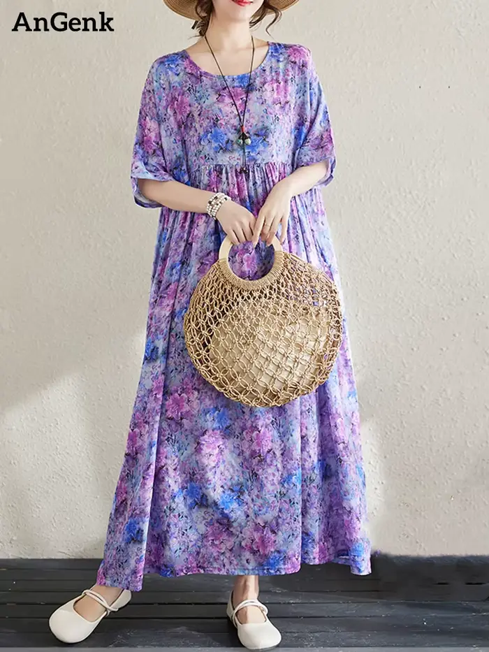 Robe longue vintage en coton à manches courtes et imprimé violet pour femme – Collection été 2026 – 