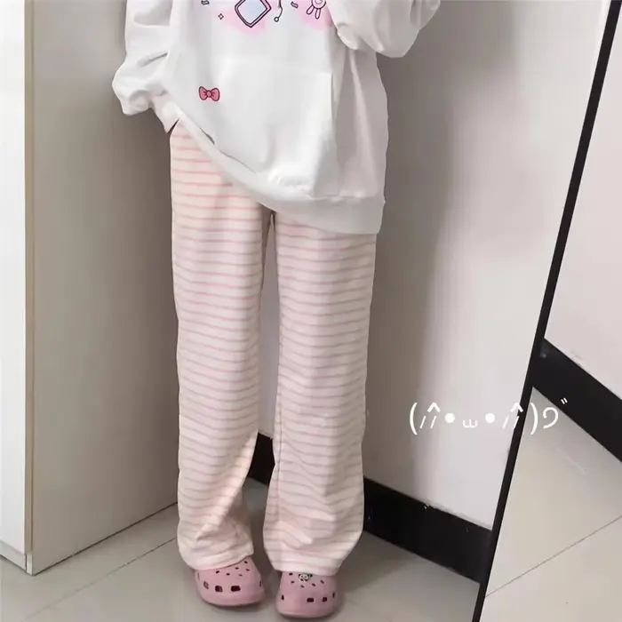 Pantalon rayé Y2K pour femmes, mignon, Kawaii, doux, Harajuku, polaire, sport, mode coréenne, survêt