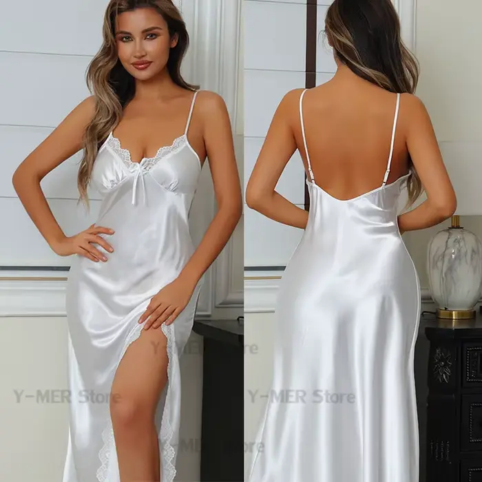 Bílé noční prádlo Sexy dlouhé noční košile ženy saténové spodní prádlo letní nové domácí šaty ležérní oblečení Pijama Mujer Sexy noční košile