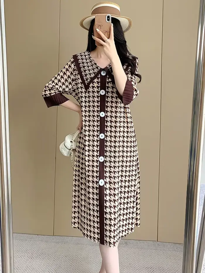 Miyake – robe pliée à carreaux rétro pour femmes, nouvelle robe Maix haut de gamme, âge réduit, col 