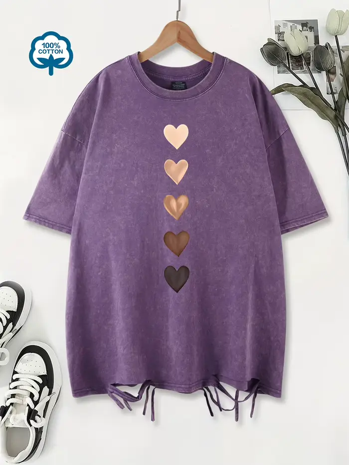 100% coton lavé T-Shirts femmes surdimensionné amour coeur Graffiti imprimé T-Shirts col rond en dét