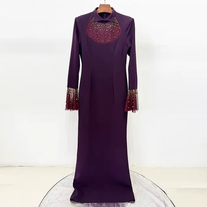 Nouvelle Collection 2026 – Robe Longue de Créateur pour Femme avec Col à Revers, Maille Patchwork, D