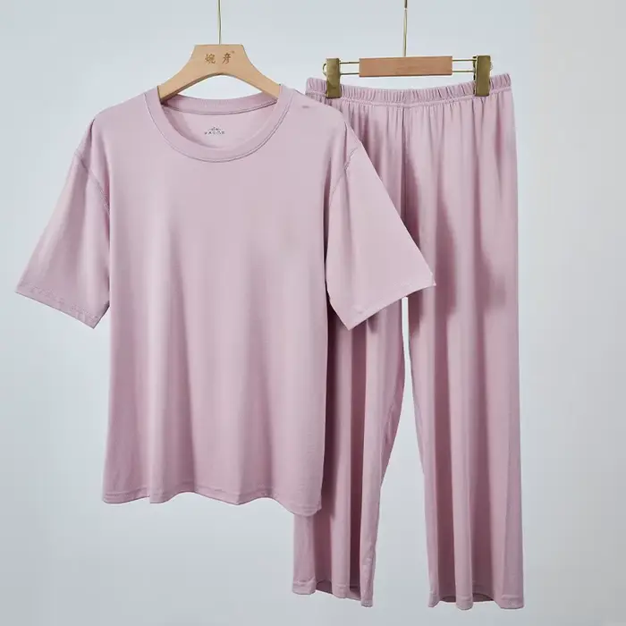 Pyjama Femme Nouvelle Collection Grande Taille en Modal, Ensemble Décontracté à Manches Courtes et Pantalon 7/8, Vêtements de Nuit Amples pour Femmes