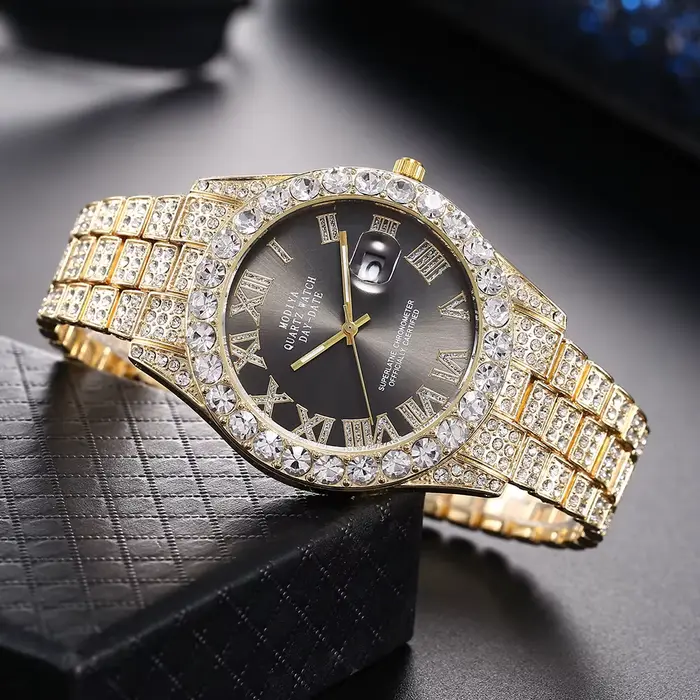 Montre à quartz avec bracelet en acier doré pour homme, échelle romaine, biscuits, calendrier, montr